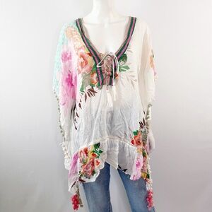 Z&L White Floral Kaftan Tunic Top Size OS Long Sleeve Casual Boho Cover Up Dress